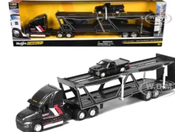 Mack Anthem Open Car Hauler Black with Red and White Stripes "Kenzie's Transport Services" and 1993 Chevrolet 454 SS Pickup Truck Black "Transporters" Series 1/64 Diecast Models by Maisto