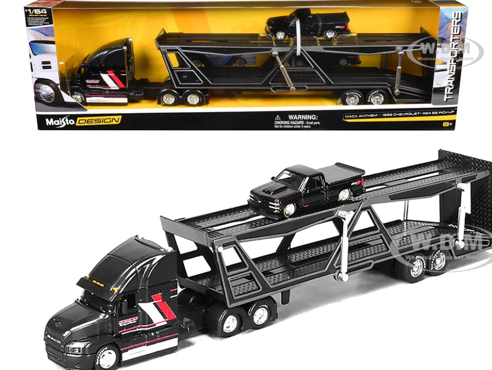 Mack Anthem Open Car Hauler Black with Red and White Stripes "Kenzie's Transport Services" and 1993 Chevrolet 454 SS Pickup Truck Black "Transporters" Series 1/64 Diecast Models by Maisto