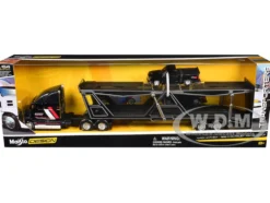 Mack Anthem Open Car Hauler Black with Red and White Stripes "Kenzie's Transport Services" and 1993 Chevrolet 454 SS Pickup Truck Black "Transporters" Series 1/64 Diecast Models by Maisto