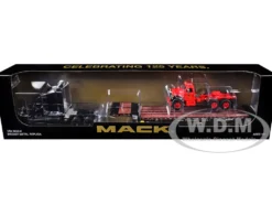 Mack Anthem Sleeper and Landoll 440B-50CA Traveling Axle Trailer Black with Mack B-61 Day Cab Load Red 
