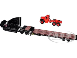 Mack Anthem Sleeper and Landoll 440B-50CA Traveling Axle Trailer Black with Mack B-61 Day Cab Load Red 