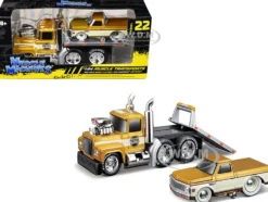 1980 Mack A685ST Flatbed Truck Gold Metallic with Beige Stripes "Madman Garage" and 1972 Chevrolet C10 Pickup Truck Gold Metallic and Beige "Muscle Transports" Series 1/64 Diecast Models by Muscle Machines