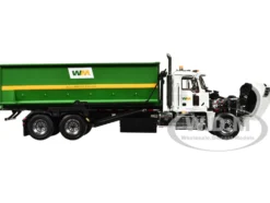 Mack Granite Garbage Truck Waste Management White and Green with Tub Style Roll Off Container 1/34 Diecast Model First Gear FG10-4050D