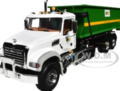 Mack Granite Garbage Truck Waste Management White and Green with Tub Style Roll Off Container 1/34 Diecast Model First Gear FG10-4050D