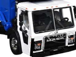 Mack LR Refuse Garbage Truck with McNeilus Meridian Front Loader White and Blue with Trash Bin 1/64 Diecast Model by DCP/First Gear