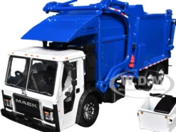 Mack LR Refuse Garbage Truck with McNeilus Meridian Front Loader White and Blue with Trash Bin 1/64 Diecast Model by DCP/First Gear