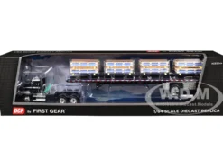 Mack Pinnacle Day Cab with Minimizer Parts & 53' Wilson Roadbrute Flatbed Trailer with "Carlisle Roofing" Loaded Pallets Black with Silver Top and Stripes 1/64 Diecast Model by DCP/First Gear