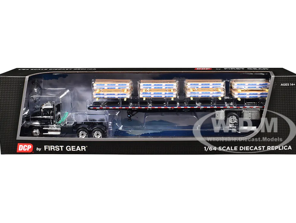 Mack Pinnacle Day Cab with Minimizer Parts & 53' Wilson Roadbrute Flatbed Trailer with "Carlisle Roofing" Loaded Pallets Black with Silver Top and Stripes 1/64 Diecast Model by DCP/First Gear