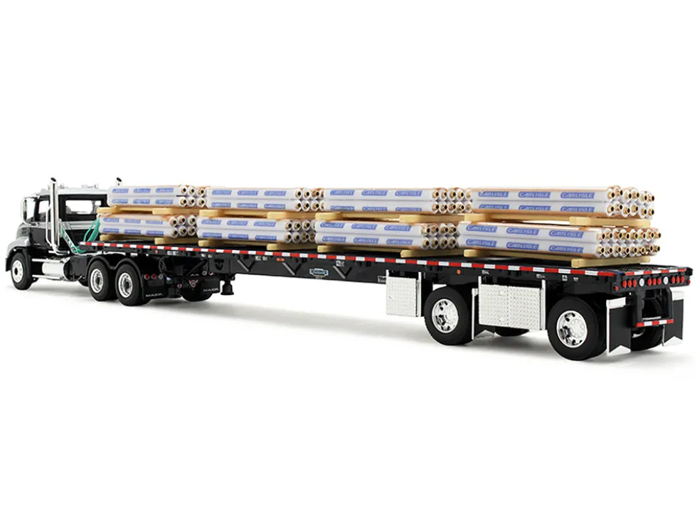 Mack Pinnacle Day Cab with Minimizer Parts & 53' Wilson Roadbrute Flatbed Trailer with "Carlisle Roofing" Loaded Pallets Black with Silver Top and Stripes 1/64 Diecast Model by DCP/First Gear