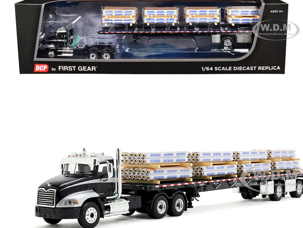 Mack Pinnacle Day Cab with Minimizer Parts & 53' Wilson Roadbrute Flatbed Trailer with "Carlisle Roofing" Loaded Pallets Black with Silver Top and Stripes 1/64 Diecast Model by DCP/First Gear