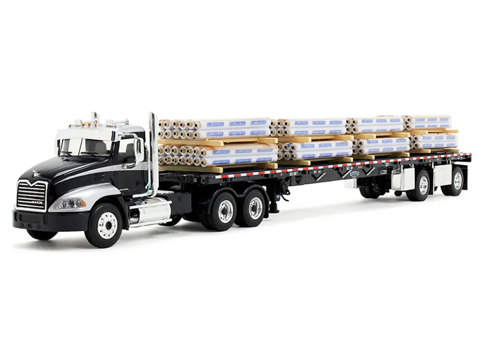Mack Pinnacle Day Cab with Minimizer Parts & 53' Wilson Roadbrute Flatbed Trailer with "Carlisle Roofing" Loaded Pallets Black with Silver Top and Stripes 1/64 Diecast Model by DCP/First Gear
