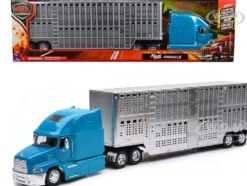 Mack Pinnacle Truck with Pot Belly Livestock Trailer Blue and Chrome Long Haul Truckers Series 1/32 Diecast Model New Ray SS-12853C