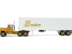 Mack R-Model Day Cab and 40' Vintage Trailer Yellow with Red Stripes and White Top "Mack Anniversary" 1/64 Diecast Model by DCP/First Gear