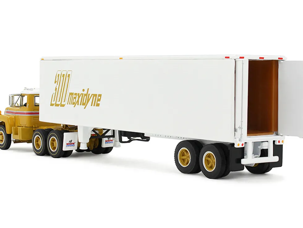 Mack R-Model Day Cab and 40' Vintage Trailer Yellow with Red Stripes and White Top "Mack Anniversary" 1/64 Diecast Model by DCP/First Gear