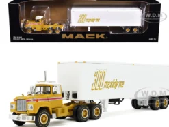 Mack R-Model Day Cab and 40' Vintage Trailer Yellow with Red Stripes and White Top