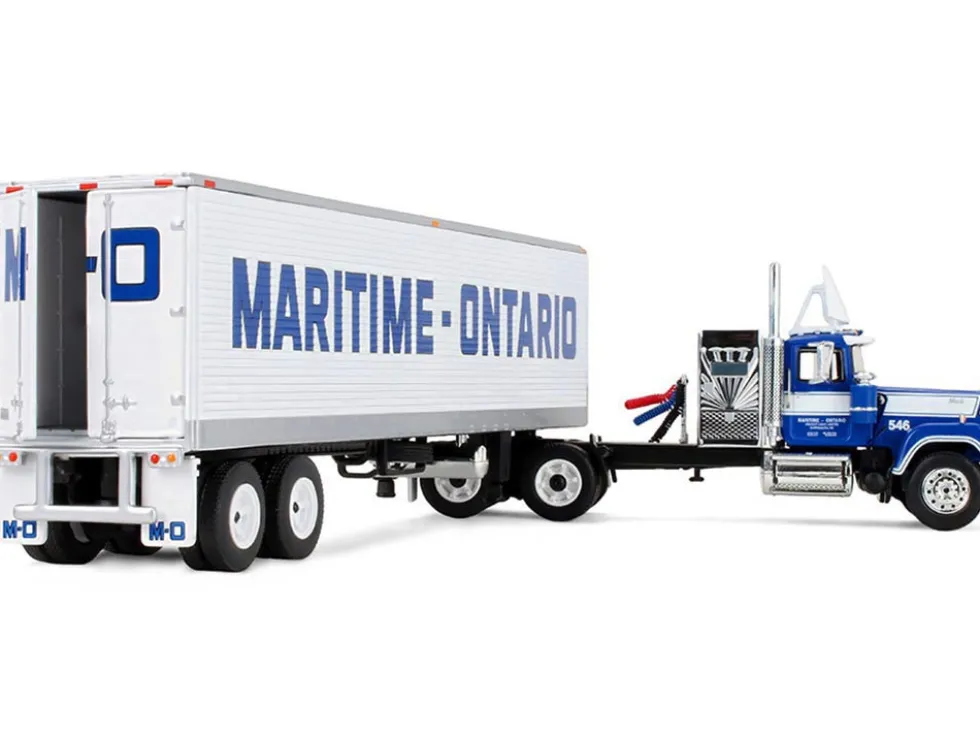 Mack Super-Liner with 36" Vintage Sleeper and 40' Vintage Trailer with Reefer "Maritime-Ontario" Blue with White Stripes "Legacy" Series #4 1/64 Diecast Model by DCP/First Gear