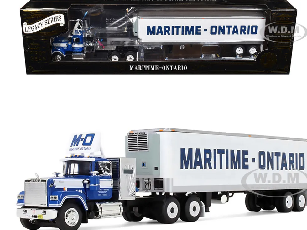 Mack Super-Liner with 36" Vintage Sleeper and 40' Vintage Trailer with Reefer "Maritime-Ontario" Blue with White Stripes "Legacy" Series #4 1/64 Diecast Model by DCP/First Gear