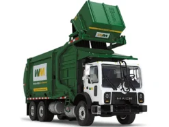 Mack TerraPro Waste Management Refuse Garbage Truck with Wittke Front Load White and Green with Garbage Bin 1/34 Diecast Model First Gear 10-4001D