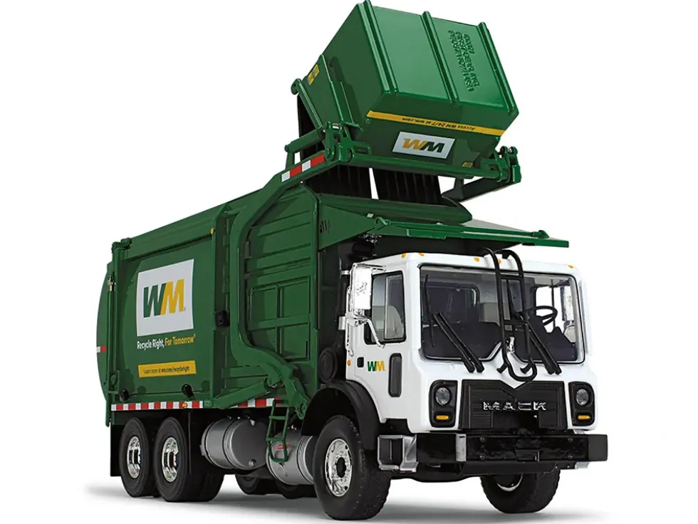 Mack TerraPro Waste Management Refuse Garbage Truck with Wittke Front Load White and Green with Garbage Bin 1/34 Diecast Model First Gear 10-4001D