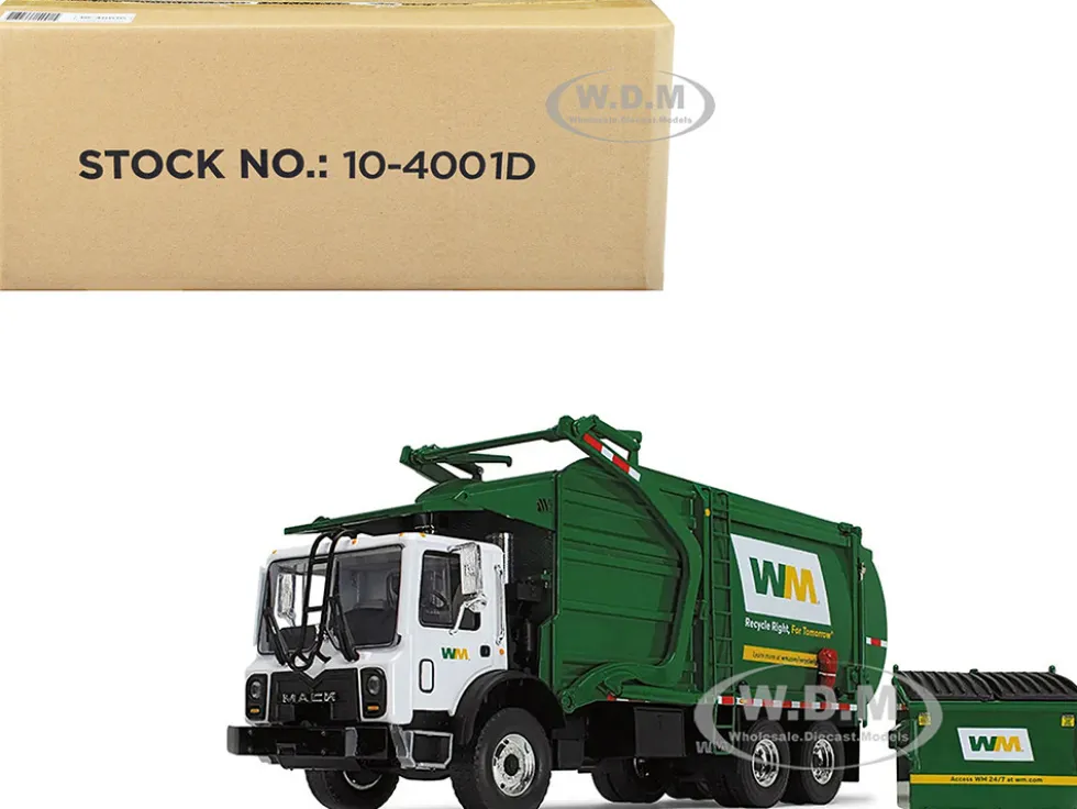 Mack TerraPro Waste Management Refuse Garbage Truck with Wittke Front Load White and Green with Garbage Bin 1/34 Diecast Model First Gear 10-4001D