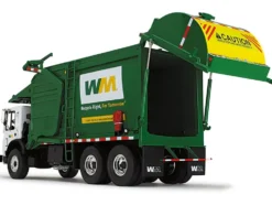 Mack TerraPro Waste Management Refuse Garbage Truck with Wittke Front Load White and Green with Garbage Bin 1/34 Diecast Model First Gear 10-4001D