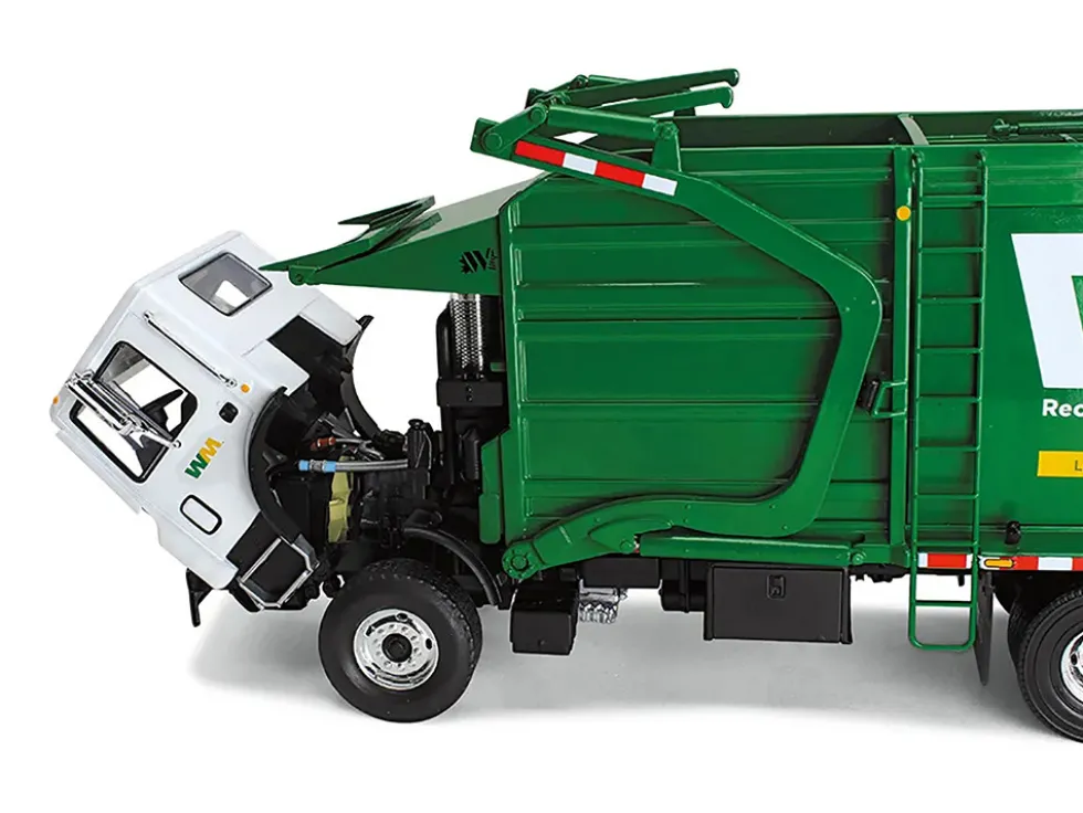 Mack TerraPro Waste Management Refuse Garbage Truck with Wittke Front Load White and Green with Garbage Bin 1/34 Diecast Model First Gear 10-4001D