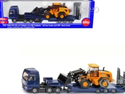 MAN Truck Blue Metallic with Low Loader Trailer and JCB 457 Wheel Loader Yellow 1/87 HO Diecast Model Siku 1790