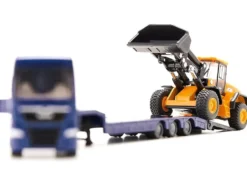 MAN Truck Blue Metallic with Low Loader Trailer and JCB 457 Wheel Loader Yellow 1/87 HO Diecast Model Siku 1790