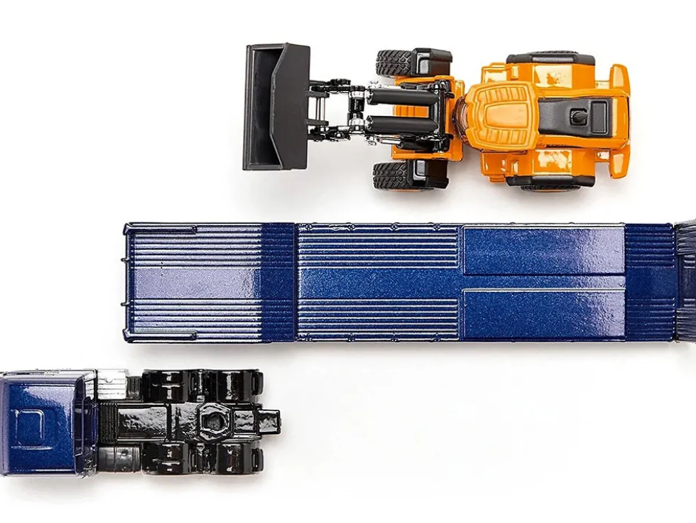 MAN Truck Blue Metallic with Low Loader Trailer and JCB 457 Wheel Loader Yellow 1/87 HO Diecast Model Siku 1790
