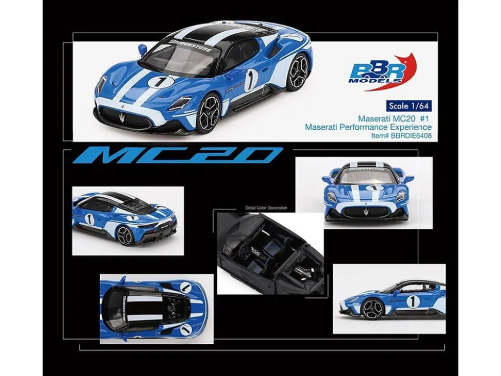 Maserati MC20 #1 Blue with White Stripes and Black Top "Maserati Performance Experience" 1/64 Diecast Model Car by BBR