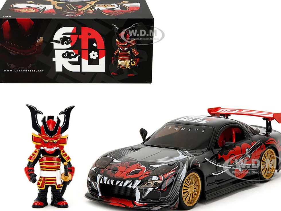 1993 Mazda RX-7 Black with Graphics "Lab Monkeys" with Saru Diecast Figure "Hollywood Rides" Series 1/24 Diecast Model Car by Jada