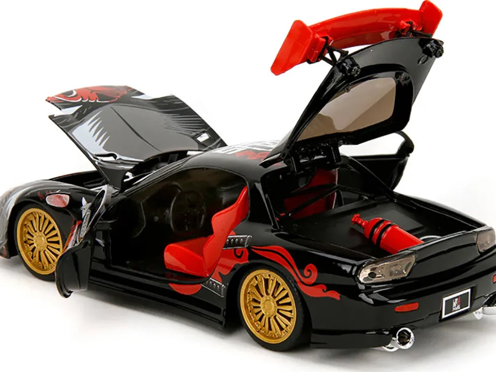 1993 Mazda RX-7 Black with Graphics "Lab Monkeys" with Saru Diecast Figure "Hollywood Rides" Series 1/24 Diecast Model Car by Jada