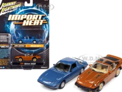 1982 Mazda RX-7 Blue Metallic 1981 Datsun 280ZX Orange Mist Metallic Import Heat Set of 2 Cars 1/64 Diecast Model Cars Johnny Lightning JLPK014 JLSP169 B