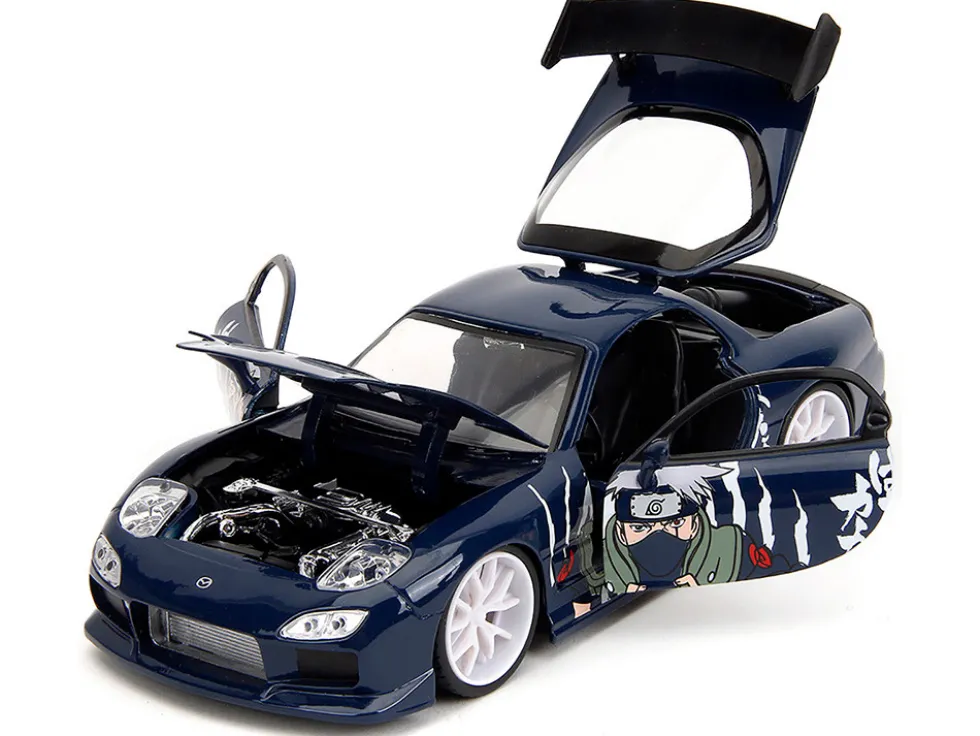 1993 Mazda RX-7 Dark Blue with Graphics and Kakashi Hatake Diecast Figure "Naruto Shippuden" (2009-2017) TV Series "Anime Hollywood Rides" Series 1/24 Diecast Model Car by Jada