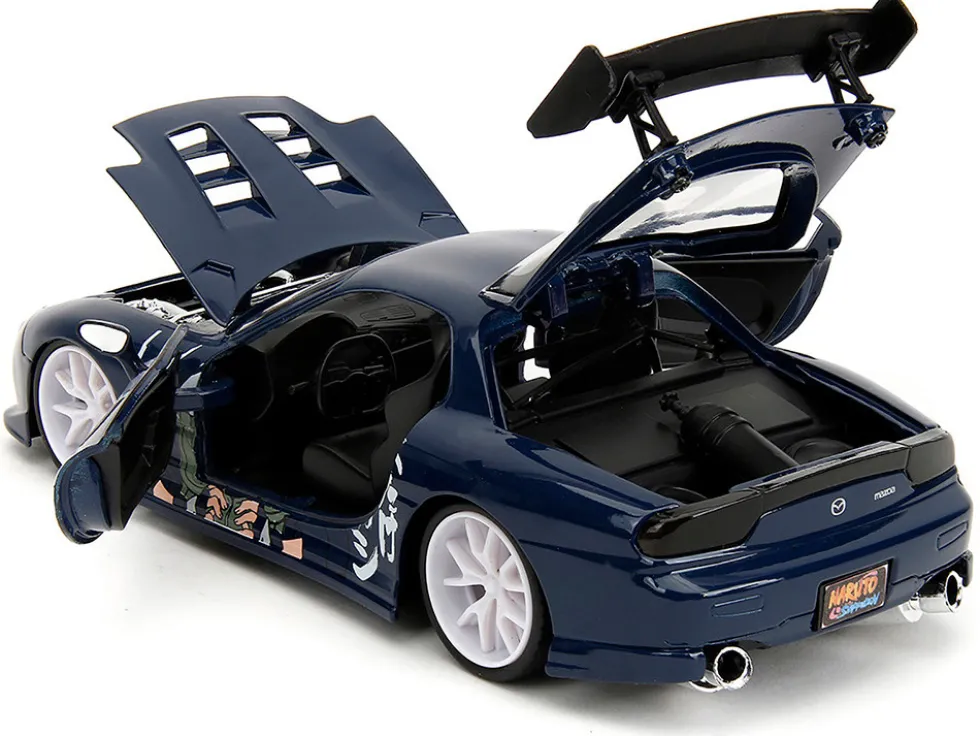 1993 Mazda RX-7 Dark Blue with Graphics and Kakashi Hatake Diecast Figure "Naruto Shippuden" (2009-2017) TV Series "Anime Hollywood Rides" Series 1/24 Diecast Model Car by Jada