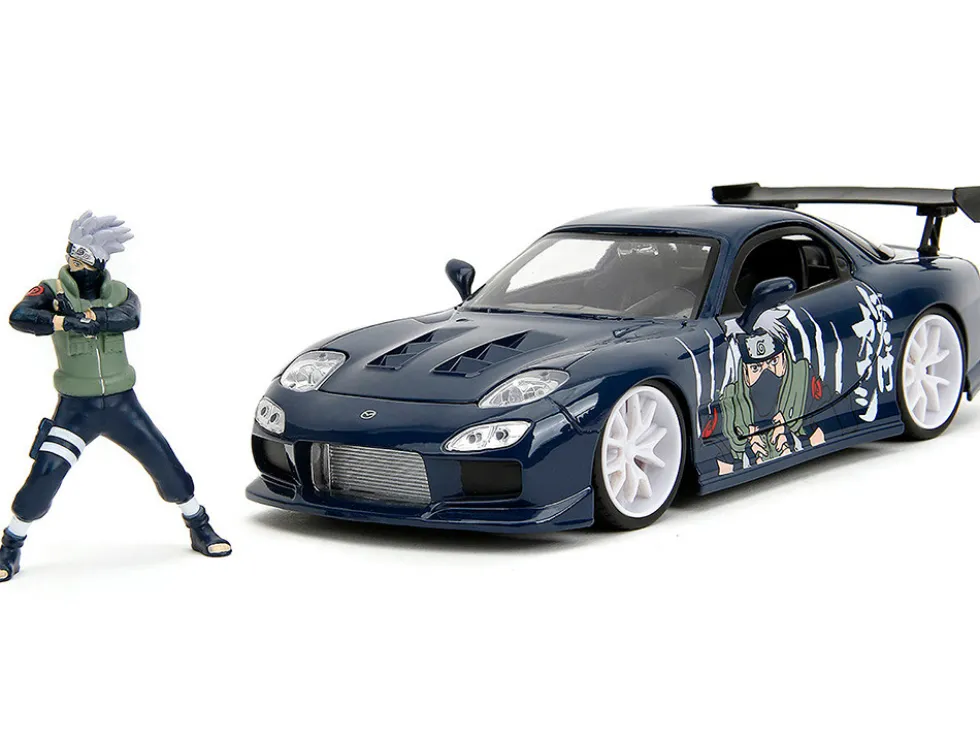 1993 Mazda RX-7 Dark Blue with Graphics and Kakashi Hatake Diecast Figure "Naruto Shippuden" (2009-2017) TV Series "Anime Hollywood Rides" Series 1/24 Diecast Model Car by Jada