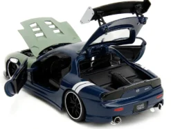 1993 Mazda RX 7 Dark Blue with Green Hood and Kakashi Hatake Diecast Figure Naruto Shippuden 2009 2017 TV Series Anime Hollywood Rides Series 1/24 Diecast Model Car Jada 34370