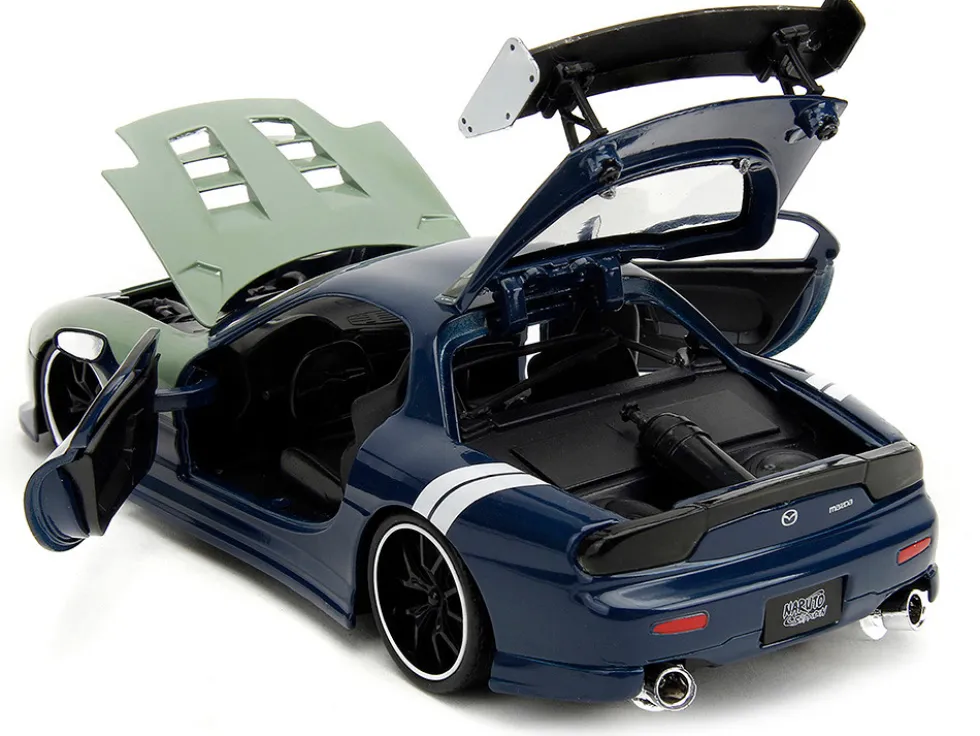 1993 Mazda RX 7 Dark Blue with Green Hood and Kakashi Hatake Diecast Figure Naruto Shippuden 2009 2017 TV Series Anime Hollywood Rides Series 1/24 Diecast Model Car Jada 34370