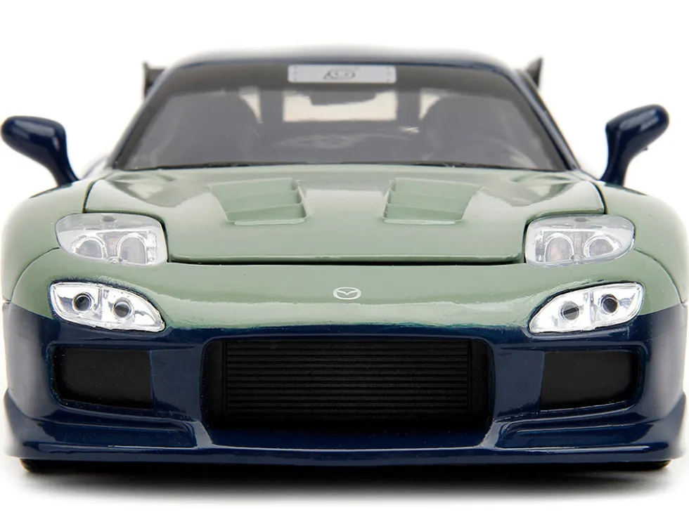 1993 Mazda RX 7 Dark Blue with Green Hood and Kakashi Hatake Diecast Figure Naruto Shippuden 2009 2017 TV Series Anime Hollywood Rides Series 1/24 Diecast Model Car Jada 34370
