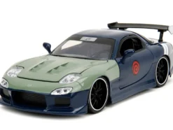 1993 Mazda RX 7 Dark Blue with Green Hood and Kakashi Hatake Diecast Figure Naruto Shippuden 2009 2017 TV Series Anime Hollywood Rides Series 1/24 Diecast Model Car Jada 34370