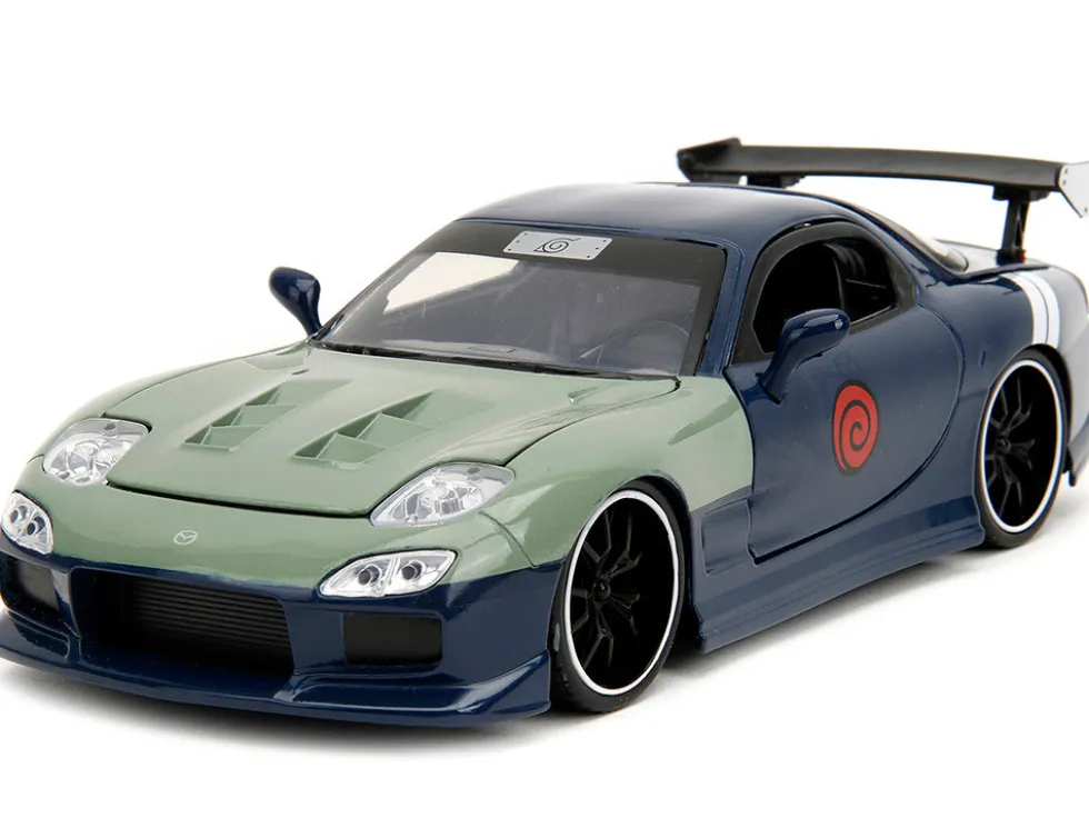 1993 Mazda RX 7 Dark Blue with Green Hood and Kakashi Hatake Diecast Figure Naruto Shippuden 2009 2017 TV Series Anime Hollywood Rides Series 1/24 Diecast Model Car Jada 34370