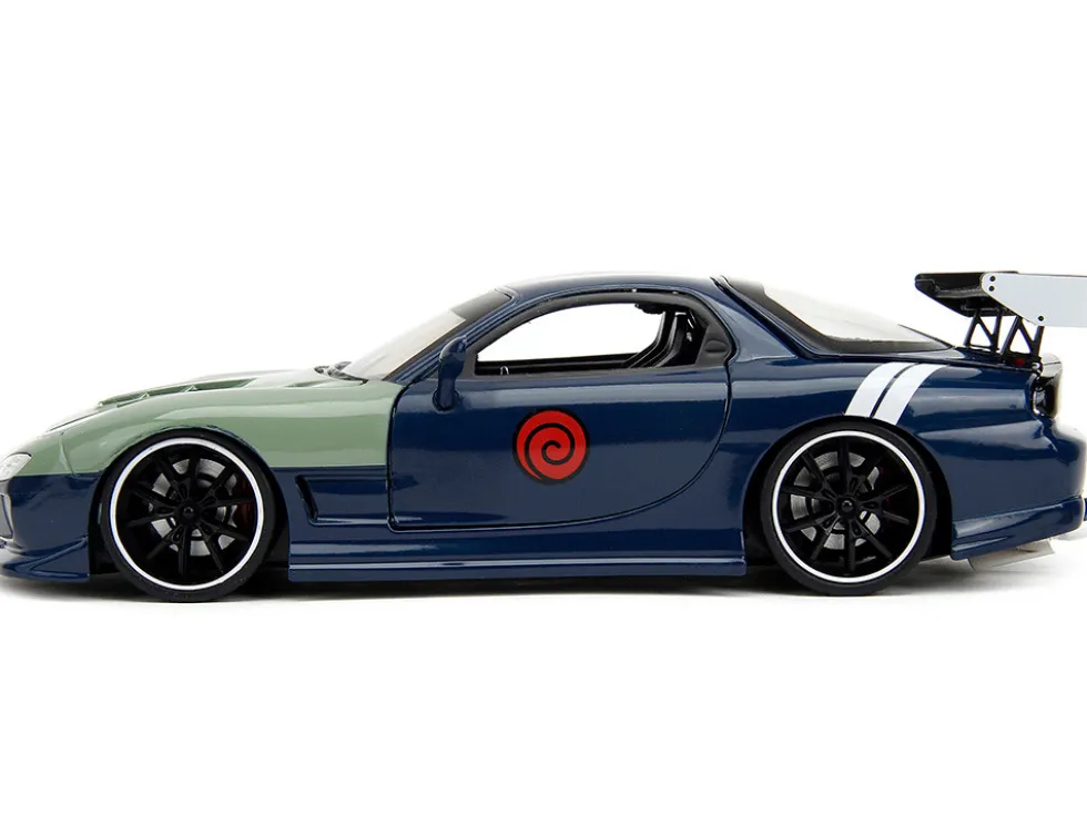 1993 Mazda RX 7 Dark Blue with Green Hood and Kakashi Hatake Diecast Figure Naruto Shippuden 2009 2017 TV Series Anime Hollywood Rides Series 1/24 Diecast Model Car Jada 34370