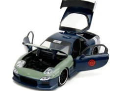 1993 Mazda RX 7 Dark Blue with Green Hood and Kakashi Hatake Diecast Figure Naruto Shippuden 2009 2017 TV Series Anime Hollywood Rides Series 1/24 Diecast Model Car Jada 34370