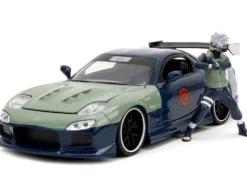 1993 Mazda RX 7 Dark Blue with Green Hood and Kakashi Hatake Diecast Figure Naruto Shippuden 2009 2017 TV Series Anime Hollywood Rides Series 1/24 Diecast Model Car Jada 34370