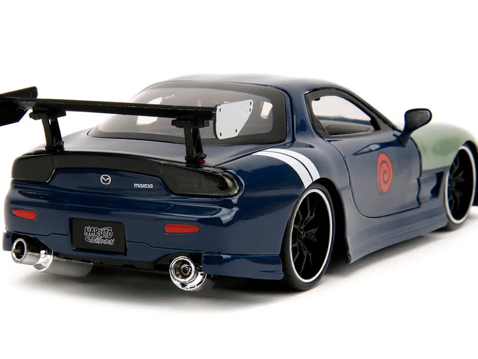 1993 Mazda RX 7 Dark Blue with Green Hood and Kakashi Hatake Diecast Figure Naruto Shippuden 2009 2017 TV Series Anime Hollywood Rides Series 1/24 Diecast Model Car Jada 34370