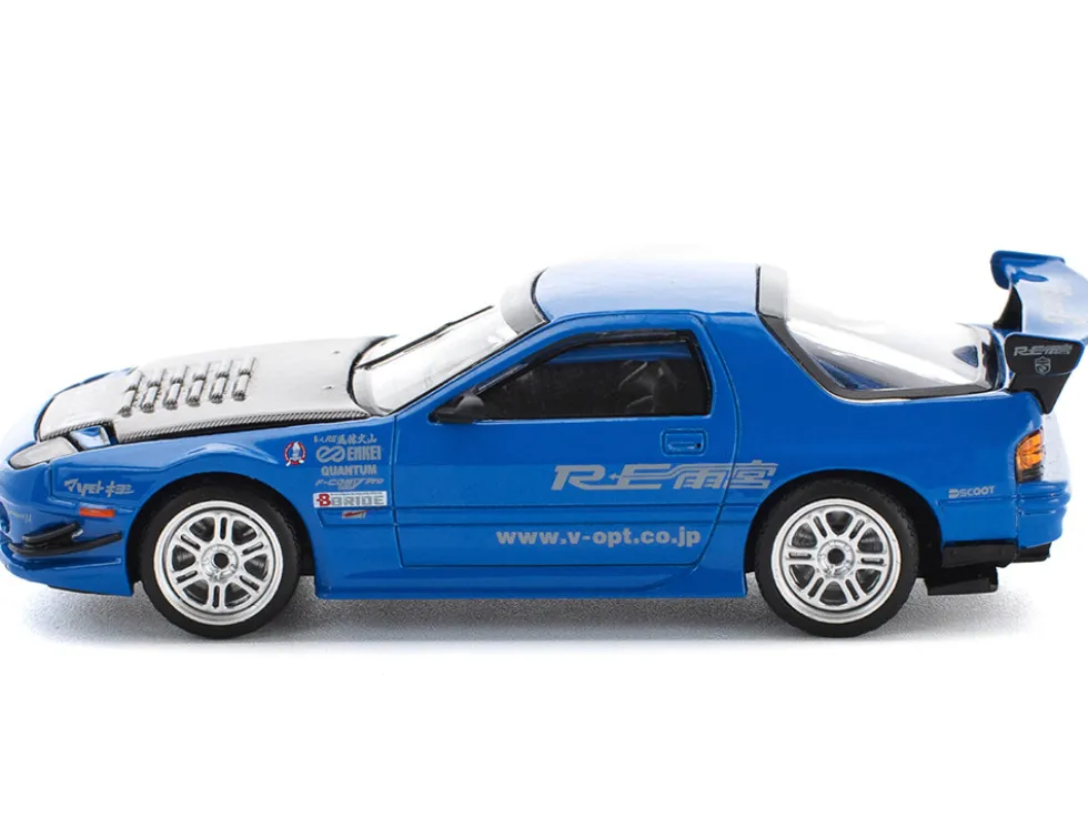 Mazda RX7 (FC3S) RE Amemiya RHD (Right Hand Drive) Blue Metallic with Carbon Hood 1/64 Diecast Model Car by Pop Race