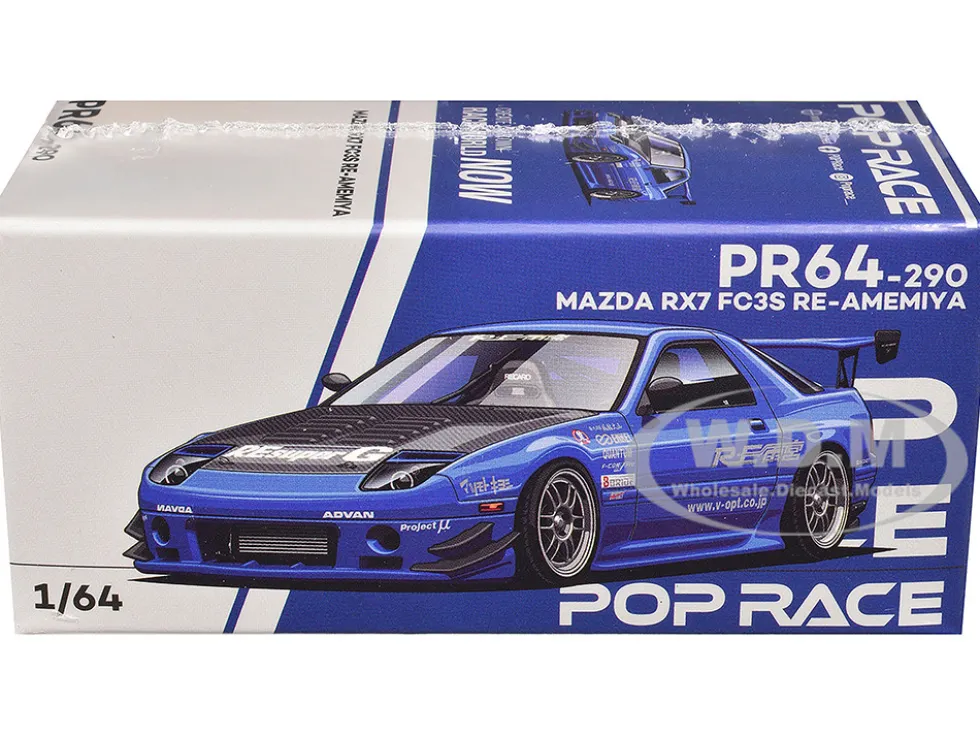 Mazda RX7 (FC3S) RE Amemiya RHD (Right Hand Drive) Blue Metallic with Carbon Hood 1/64 Diecast Model Car by Pop Race