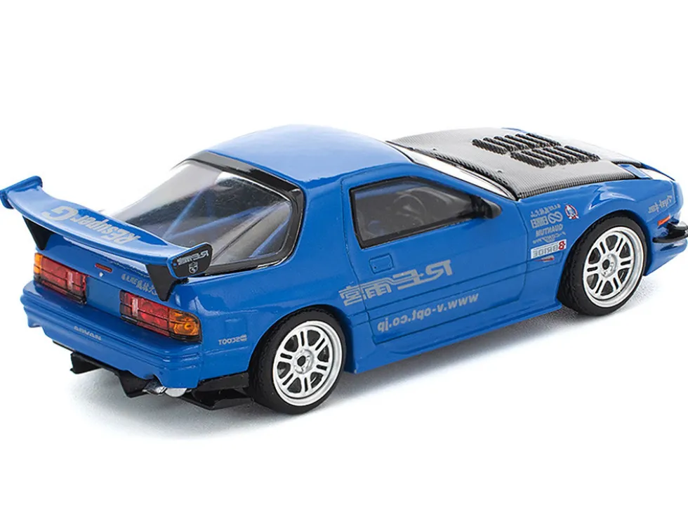Mazda RX7 (FC3S) RE Amemiya RHD (Right Hand Drive) Blue Metallic with Carbon Hood 1/64 Diecast Model Car by Pop Race