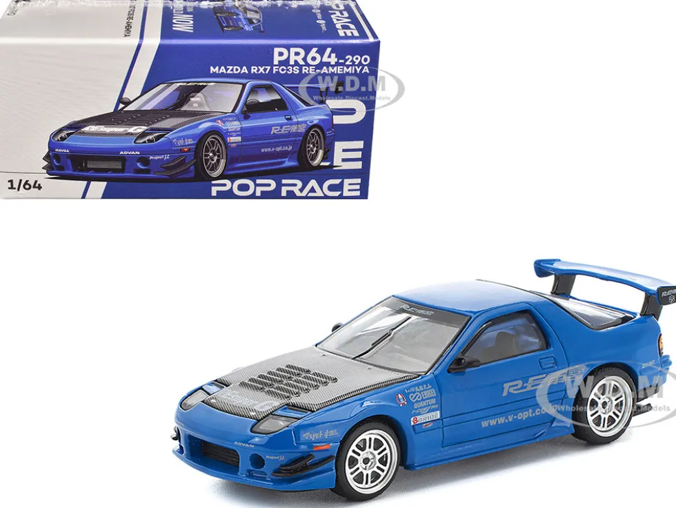 Mazda RX7 (FC3S) RE Amemiya RHD (Right Hand Drive) Blue Metallic with Carbon Hood 1/64 Diecast Model Car by Pop Race
