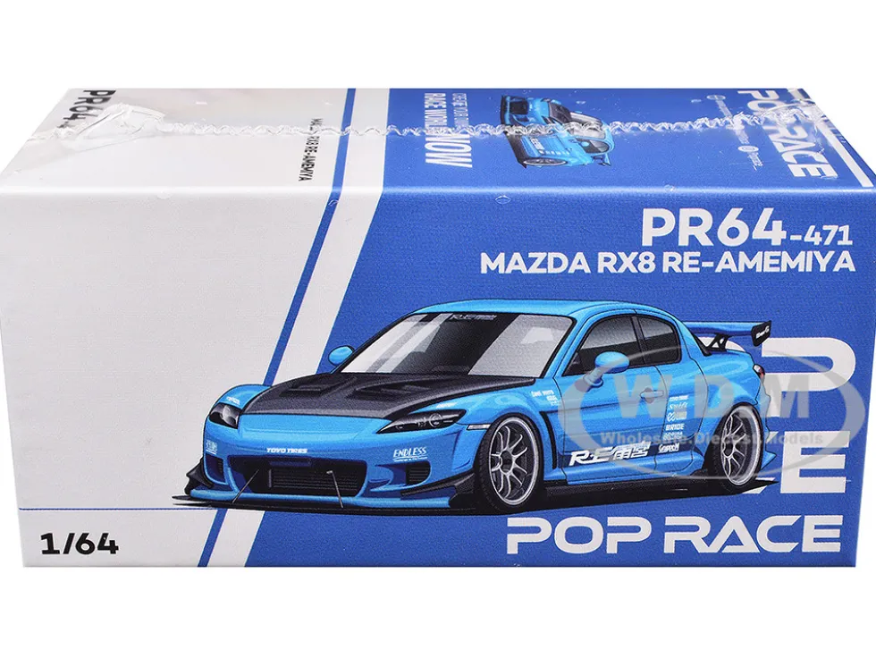 Mazda RX8 RE Amemiya RHD (Right Hand Drive) Light Blue with Carbon Hood "Tokyo Auto Salon 2026" 1/64 Diecast Model Car by Pop Race